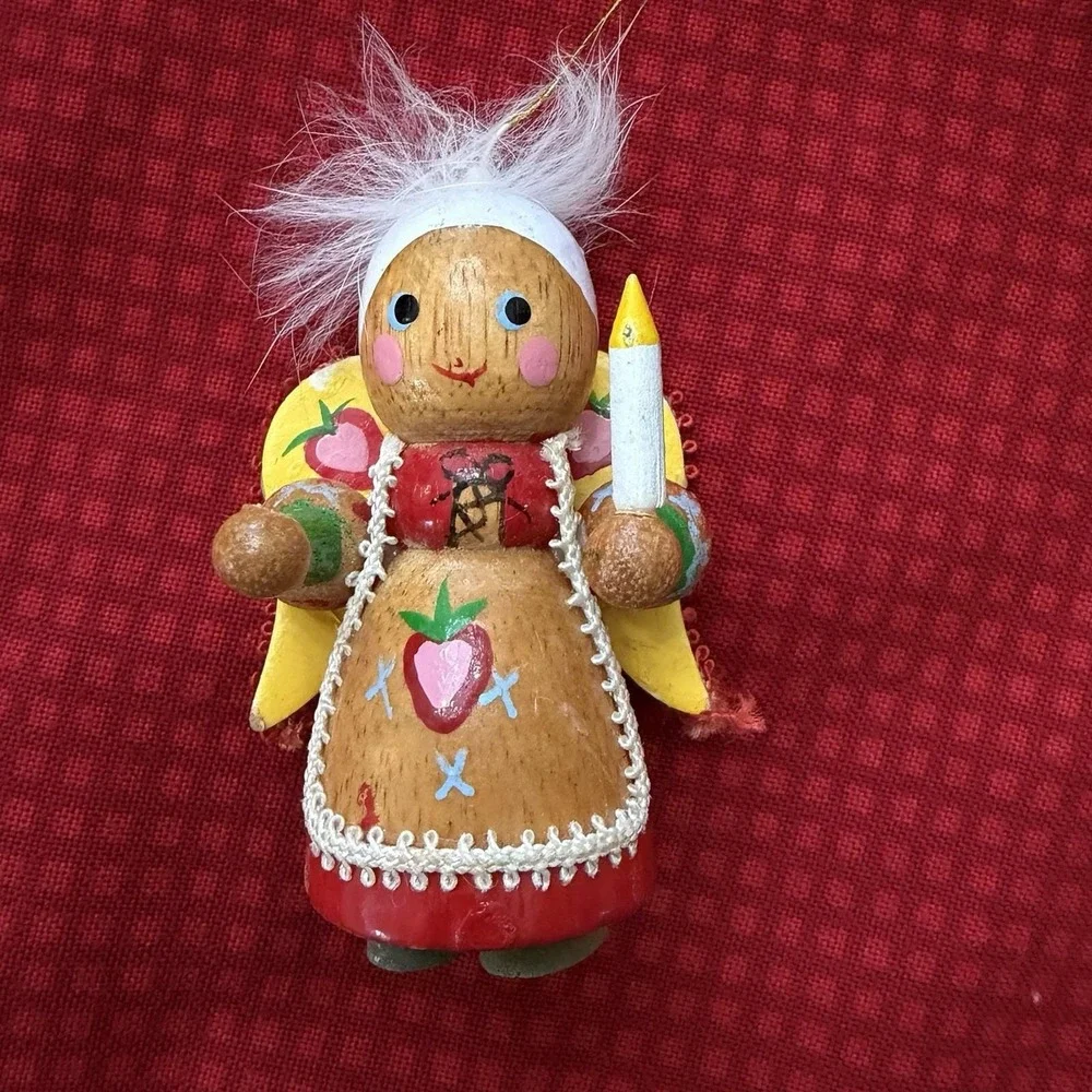 Vintage Handcrafted Wooden Angel Christmas Ornament Strawberry Folk Art